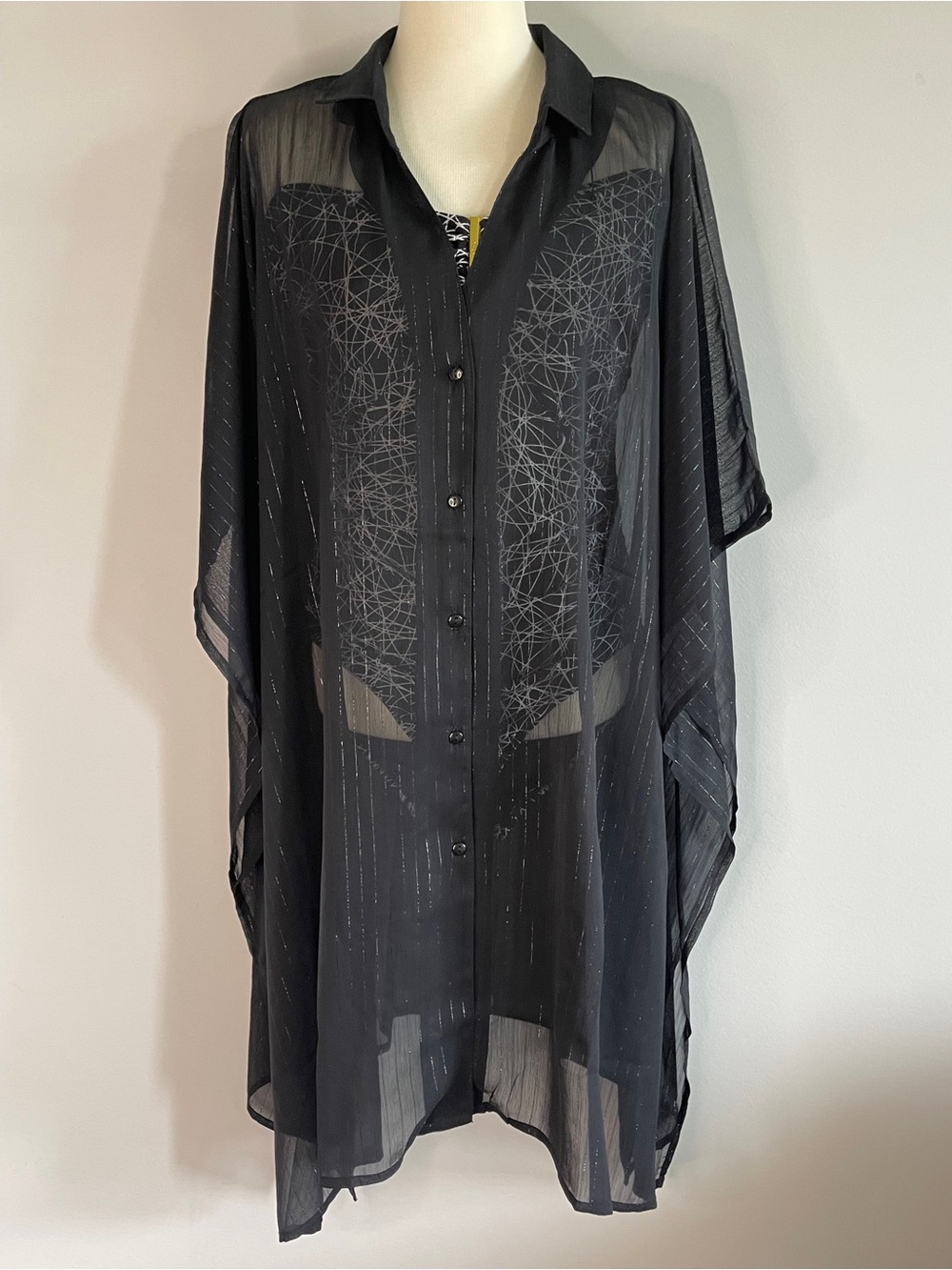 Cover Me Paris Postcard Sheer Metallic Button Down Cover Up S/M